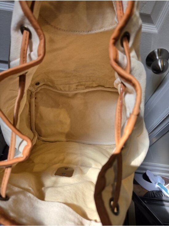 Vintage Guess Jeans Canvas Leather Canvas Backpack Cream Tan Logo Bag Y2K